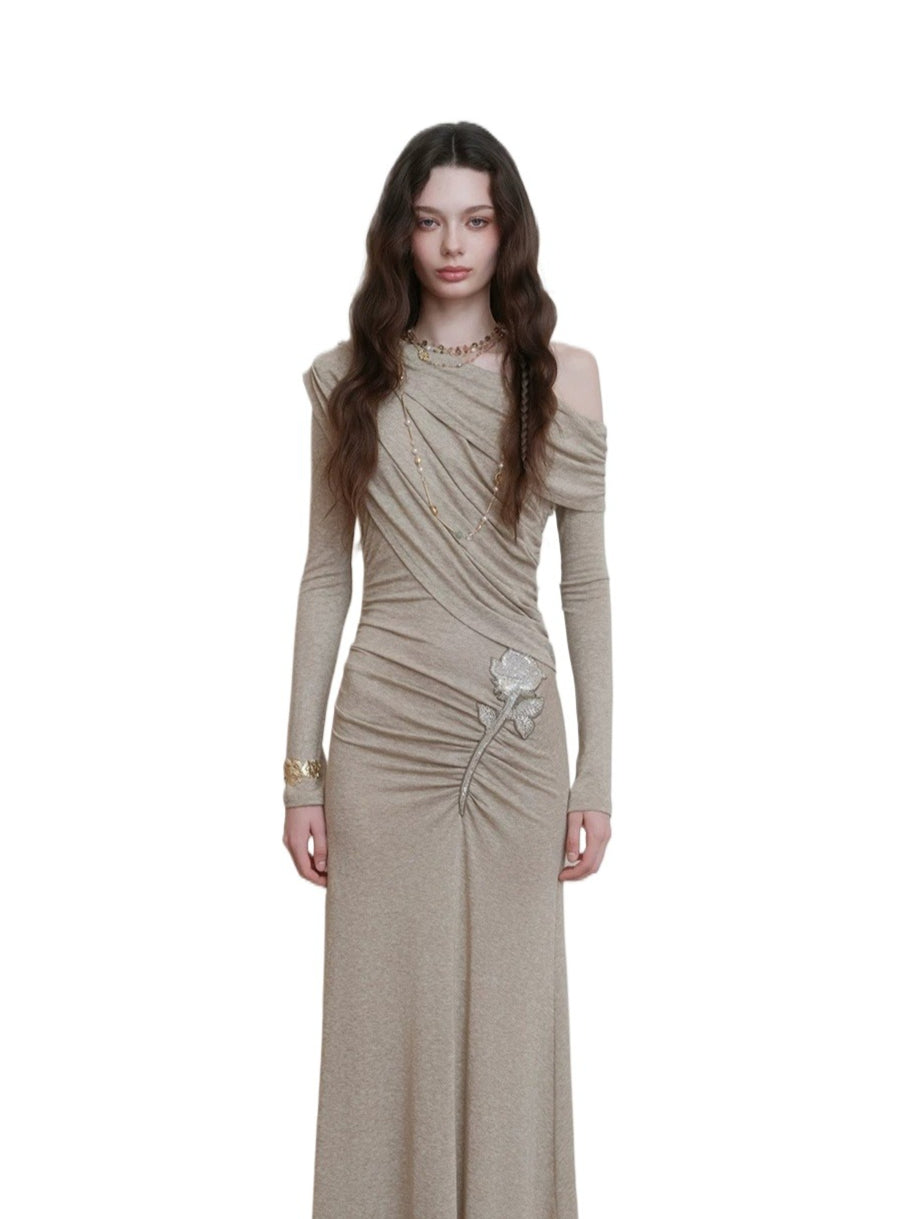 Asymmetric Off-Shoulder Wool Dress