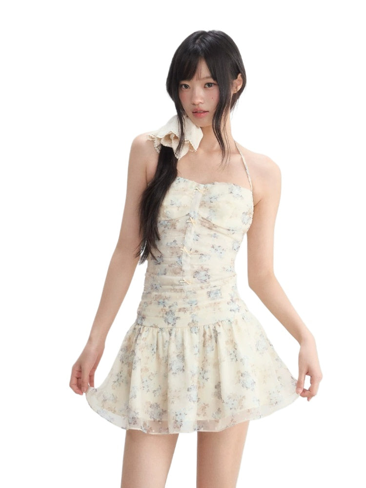 Apricot Floral Halter Mini Dress