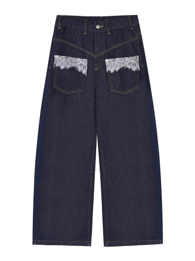 Lace Pocket Washed Curved Denim Jeans