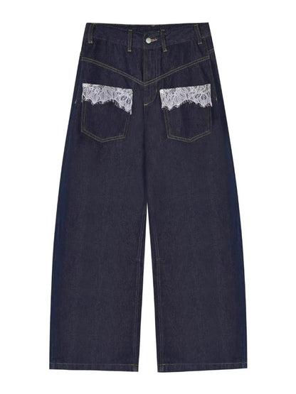 Lace Pocket Washed Curved Denim Jeans