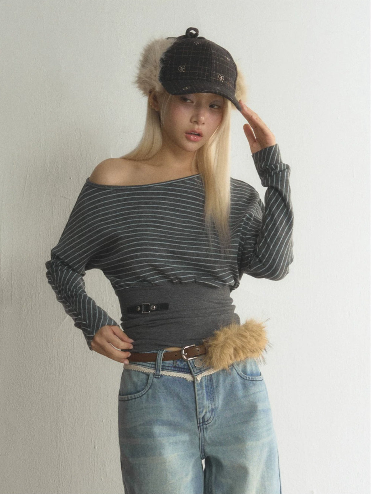 Striped Asymmetric Neck Layered T-Shirt