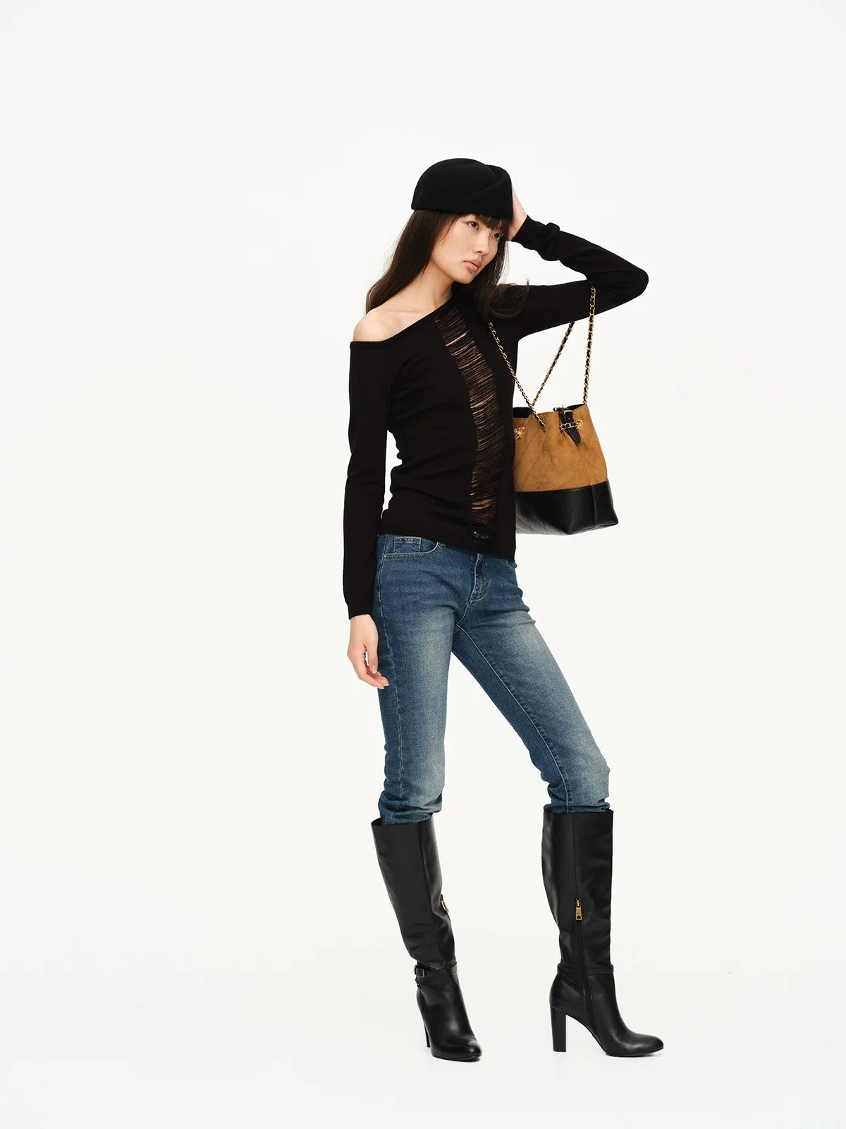 Two-Tone Openwork Merino Wool Sweater