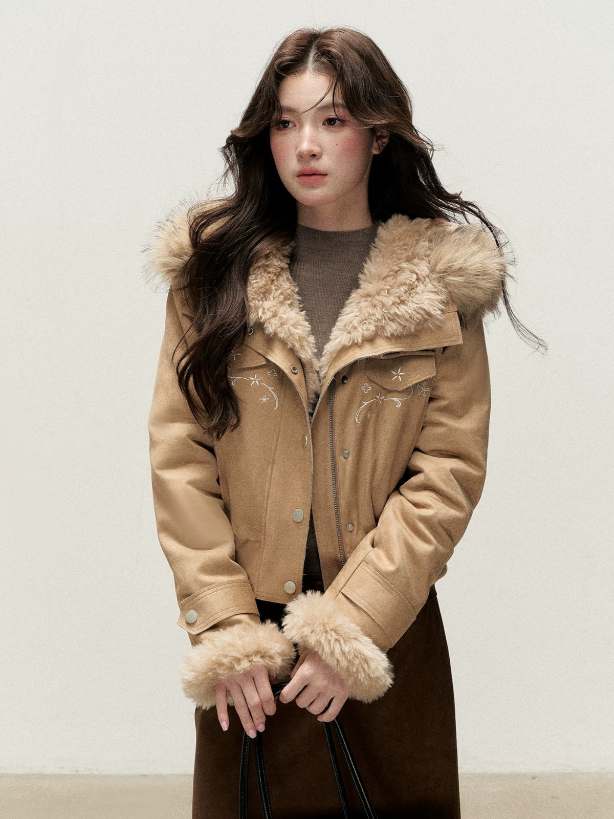 Embroidered Faux Suede Hooded Jacket