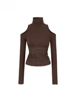 Lace Cold-Shoulder High Neck Long Sleeve Top
