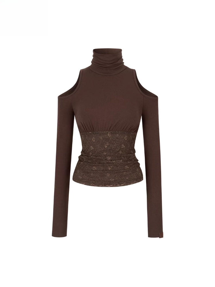 Lace Cold-Shoulder High Neck Long Sleeve Top