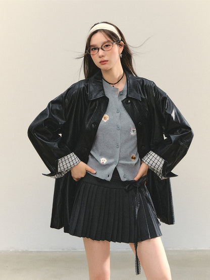 Black H-shaped Cuff Checkered Spliced Leather Jacket