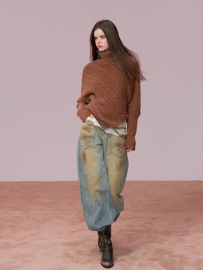 Washed Distressed Embroidered Denim Jeans