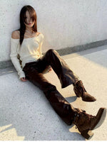 Black & Burgundy Embroidered PU Pants