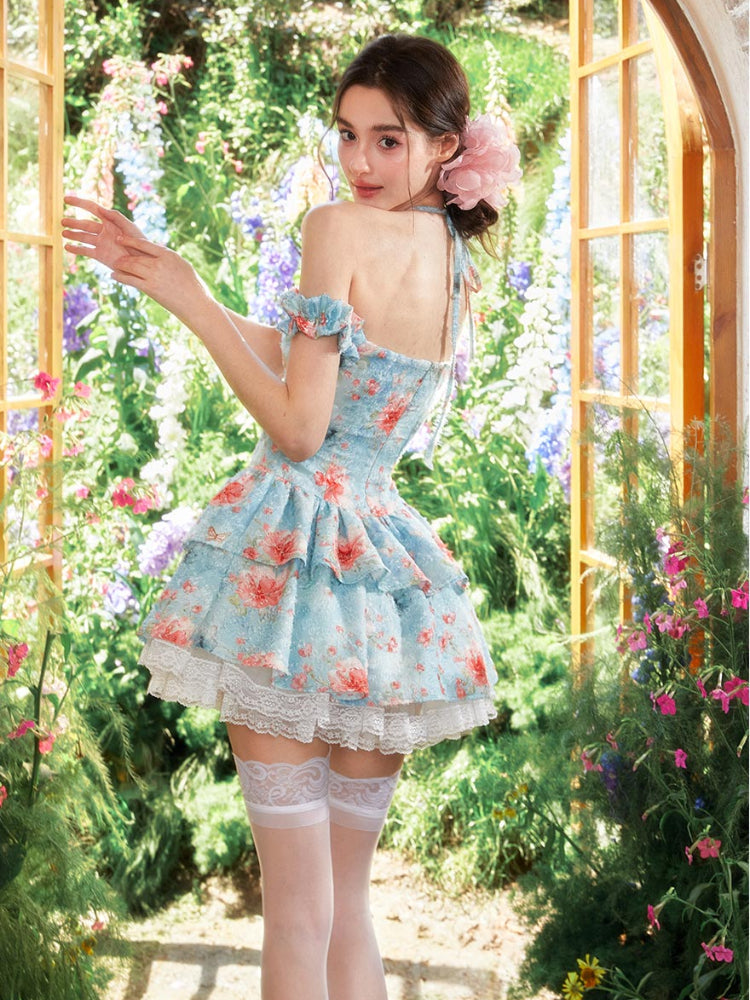 Floral Lace Halter Puff Short Dress