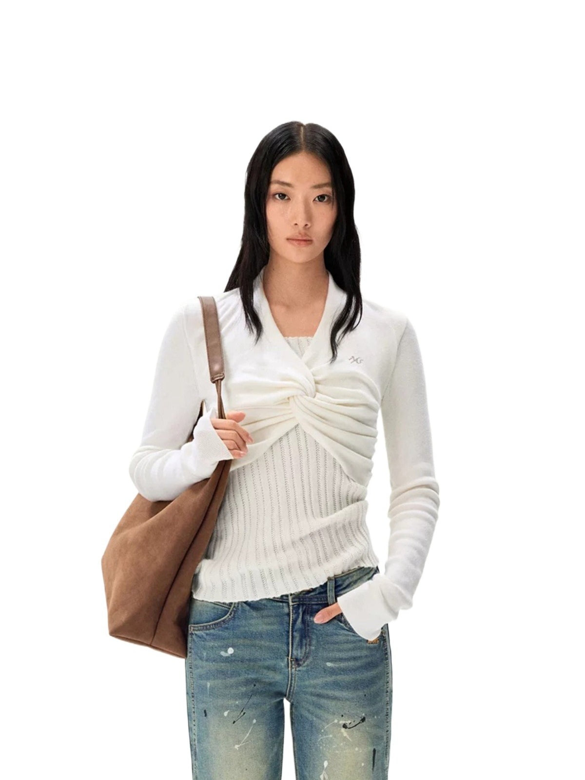 Pearl Twist Knit V-Neck Sweater