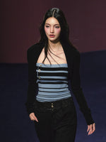 Striped Contrast Hand-Sewn Button Tube Top & Shrug Set