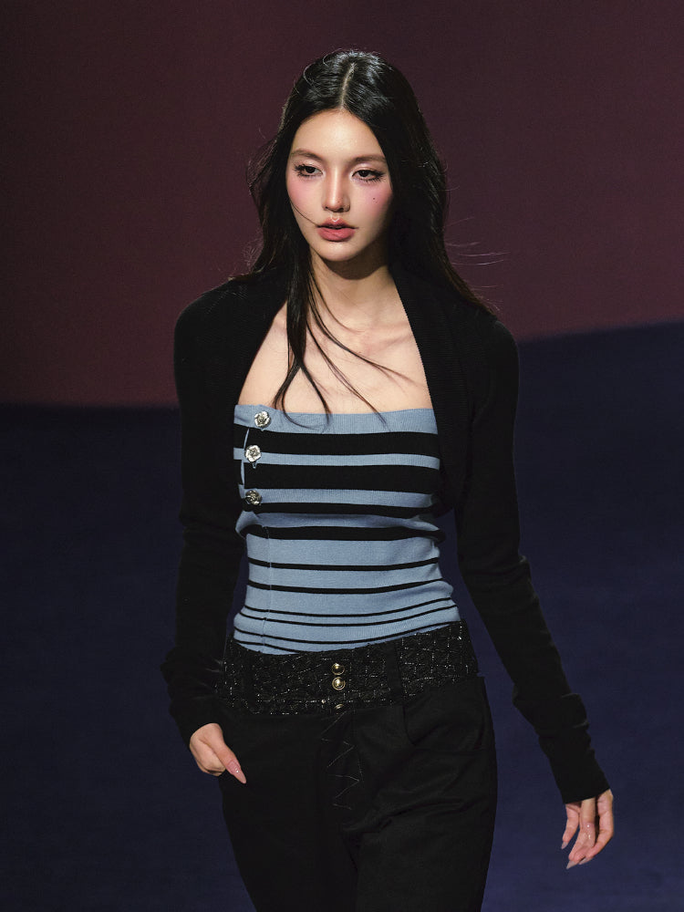 Striped Contrast Hand-Sewn Button Tube Top &amp; Shrug Set