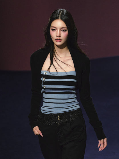 Striped Contrast Hand-Sewn Button Tube Top &amp; Shrug Set