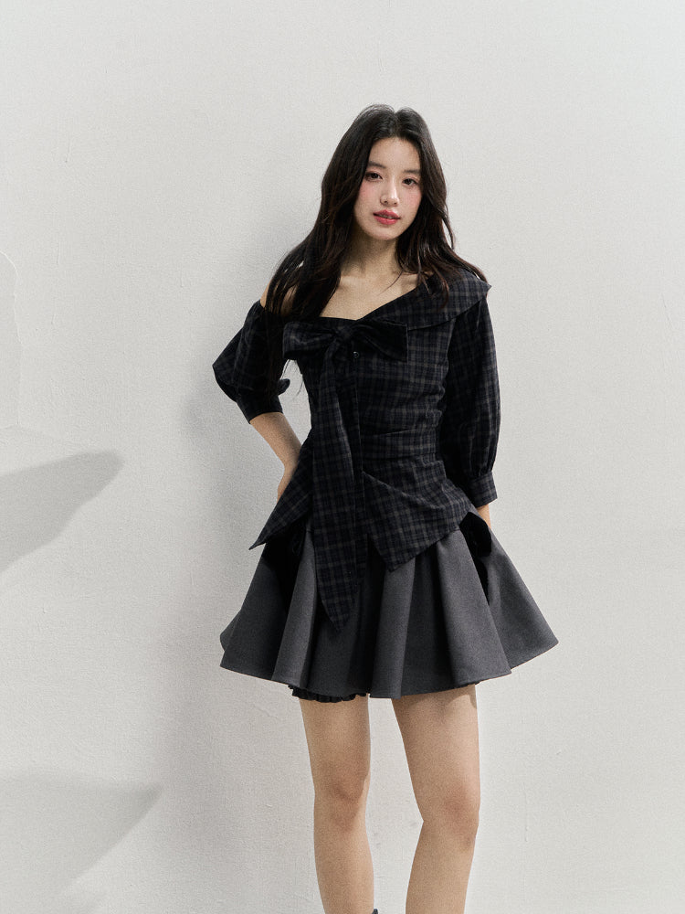 Checkered Bow One-Shoulder Asymmetric Waist-Cinching Shirt