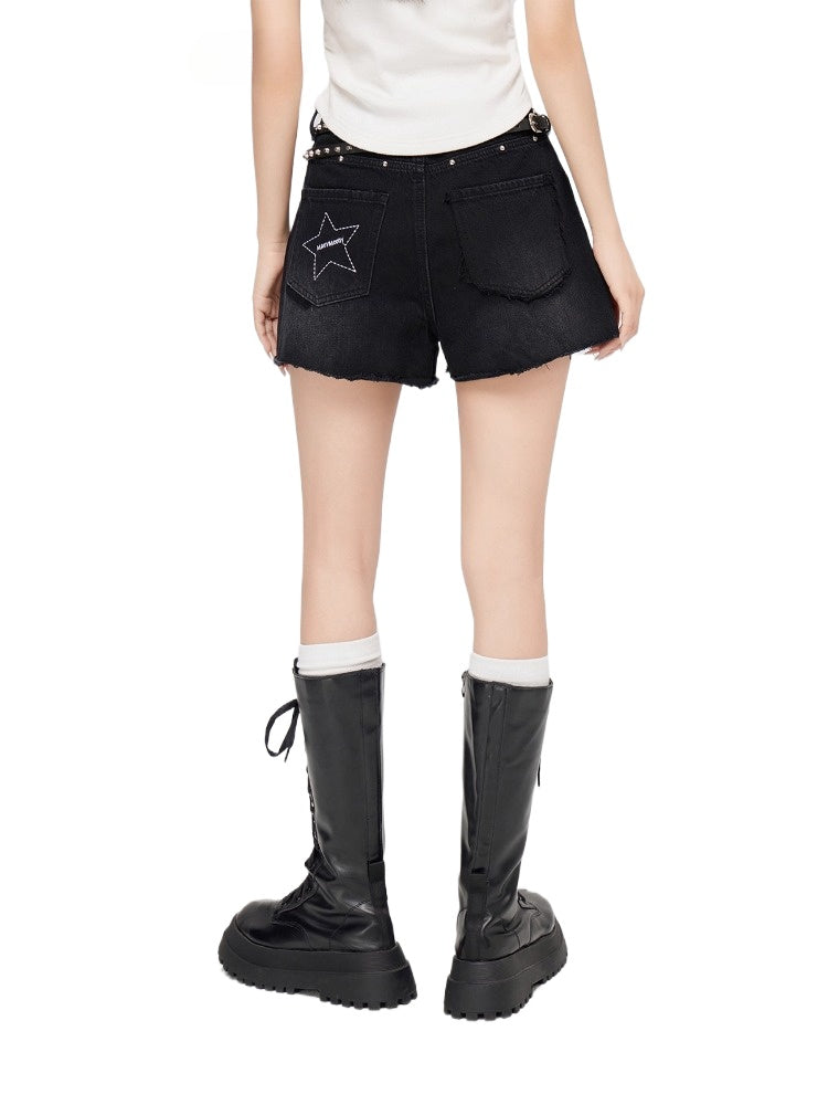 Star Denim Fringe Shorts