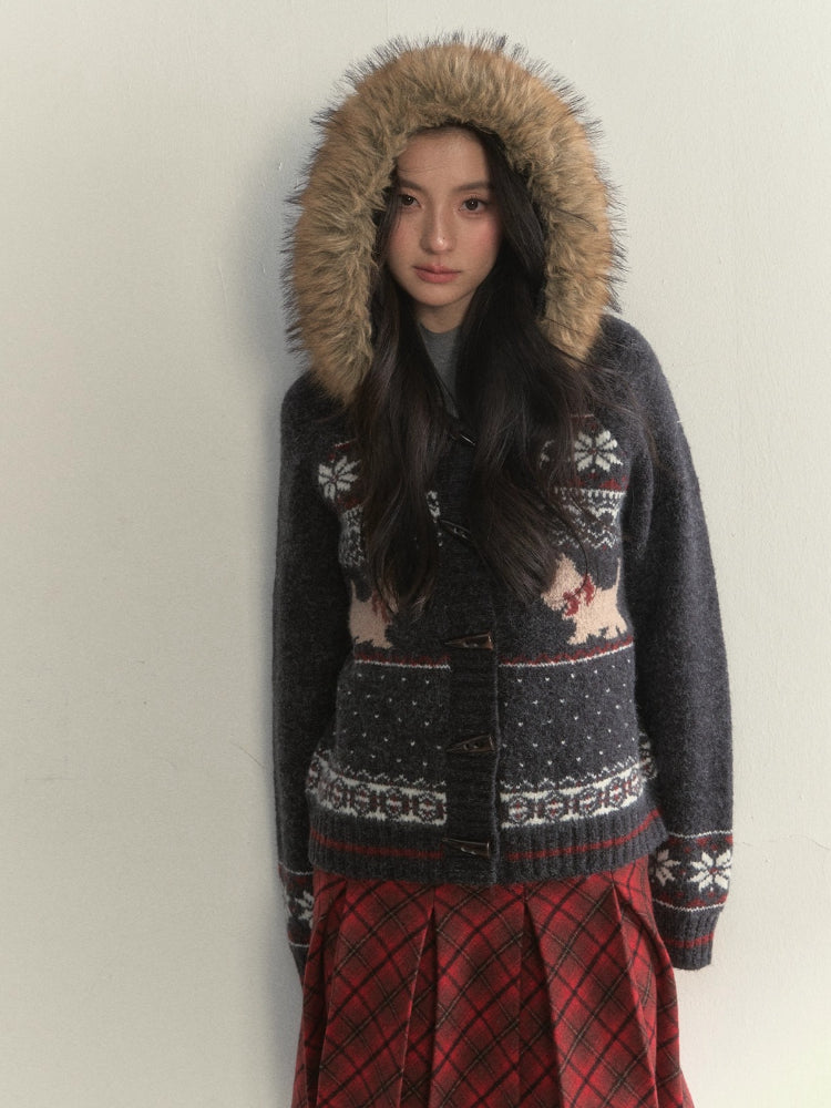 Fair Isle Dog Fur-Collar Cardigan
