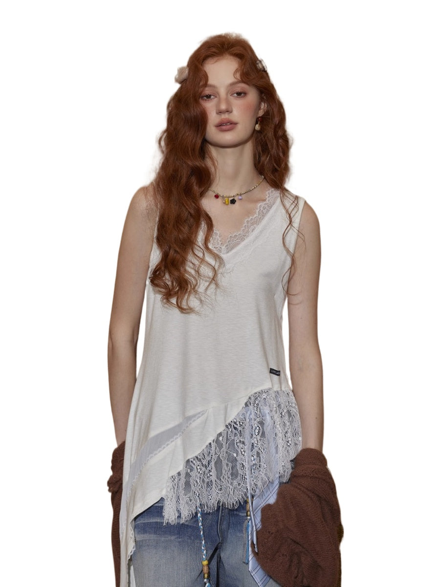 V-Neck Lace Patchwork Asymmetrical Tank Top