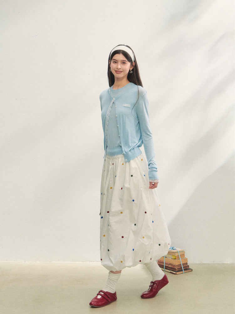 White Heavy-duty Floral Embroidered Midi Skirt