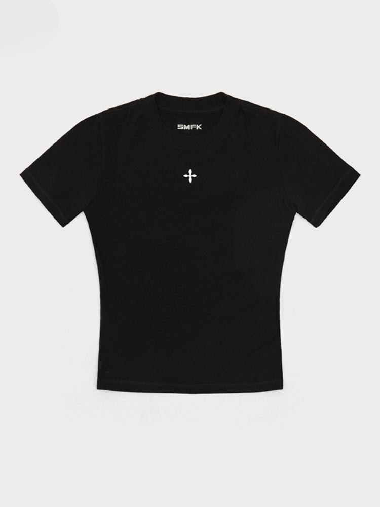 Waist-Cinching Embroidered Round-Neck T-Shirt