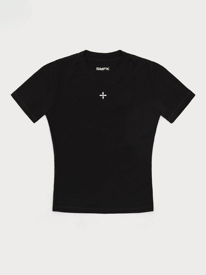 Waist-Cinching Embroidered Round-Neck T-Shirt