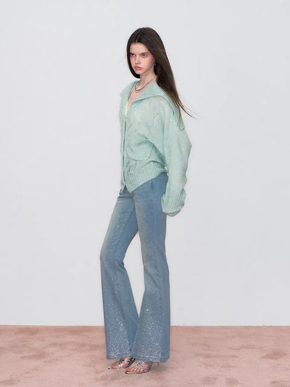 Embroidered Rhinestones Flared Jeans