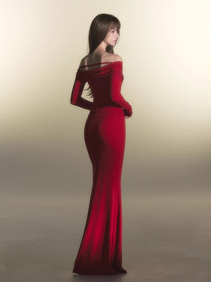 Red Off-Shoulder Long-Sleeve Bodycon Dress