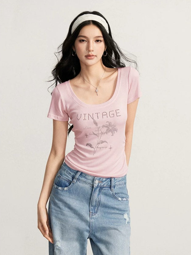 Rhinestone Floral U-Neck T-shirt