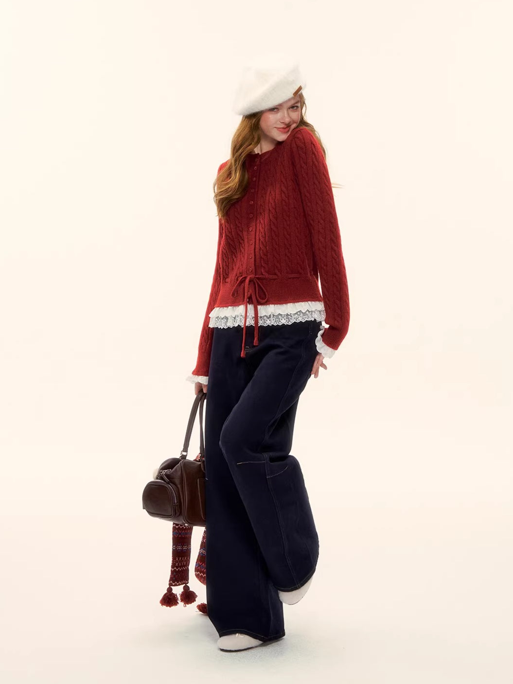 Cable Knit Lace Hem Drawstring Sweater