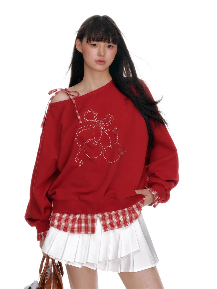 Cherry Bow Off-Shoulder Sweatshirt
