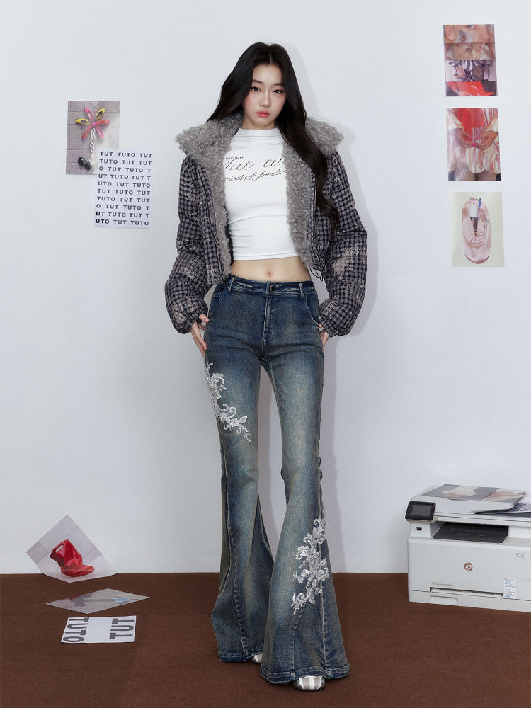 White Embroidered Flared Washed Denim Jeans