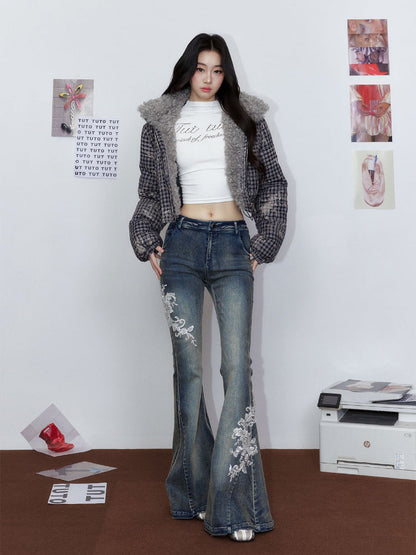 White Embroidered Flared Washed Denim Jeans