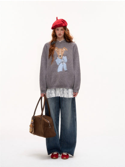 Bow-Knot Puppy Jacquard Pullover Sweater