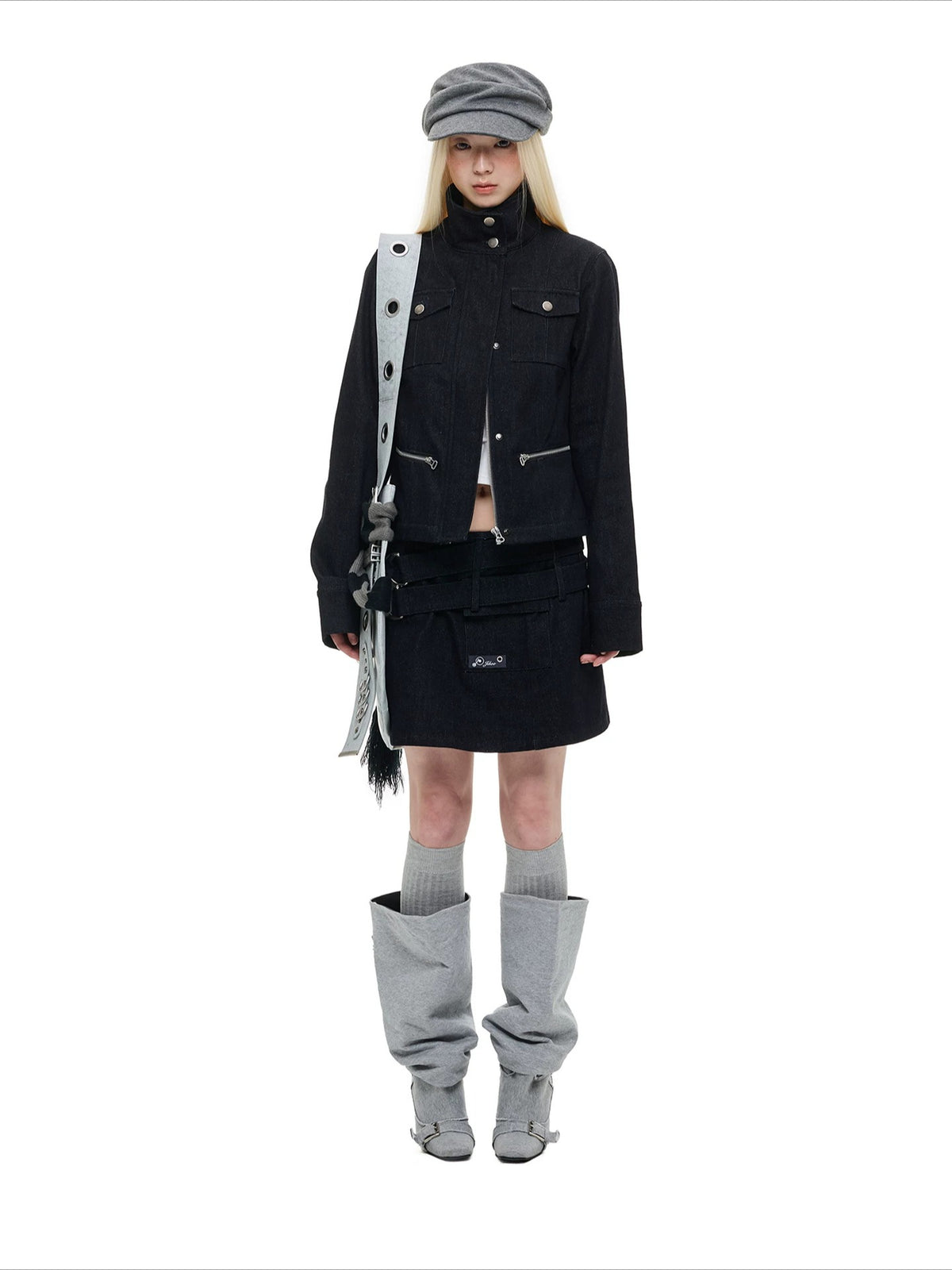 Stand Collar Denim Jacket &amp; Skirt Set