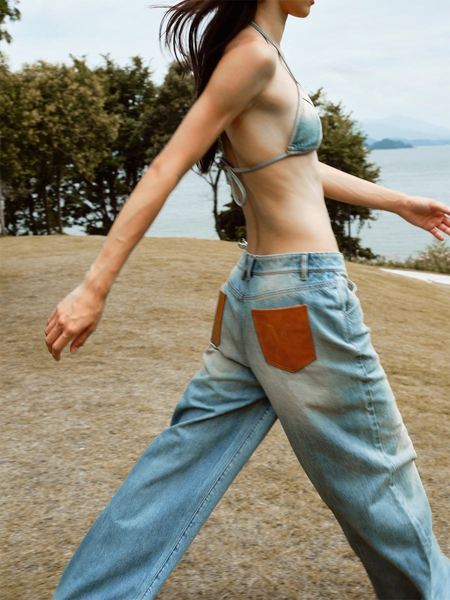 Leather-Trim Low-Rise Jeans