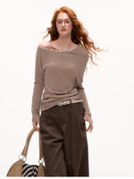 Off-Shoulder Pearl-Button Long-Sleeve T-Shirt