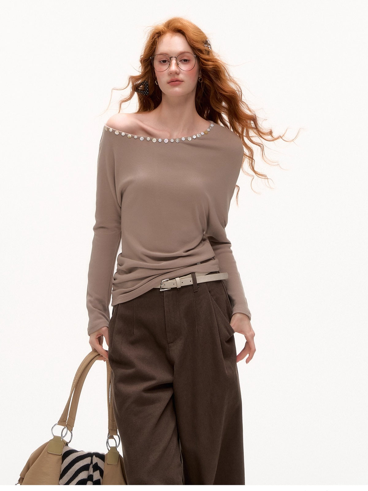 Off-Shoulder Pearl-Button Long-Sleeve T-Shirt