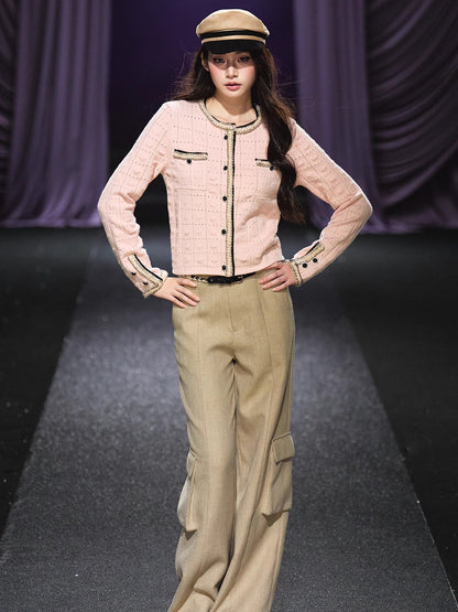 Pink Plaid Openwork Cardigan