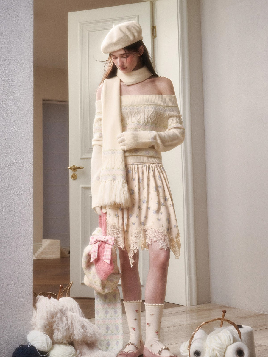 Cosagach Fair Isle Knit Crewneck & Floral Skirt Set