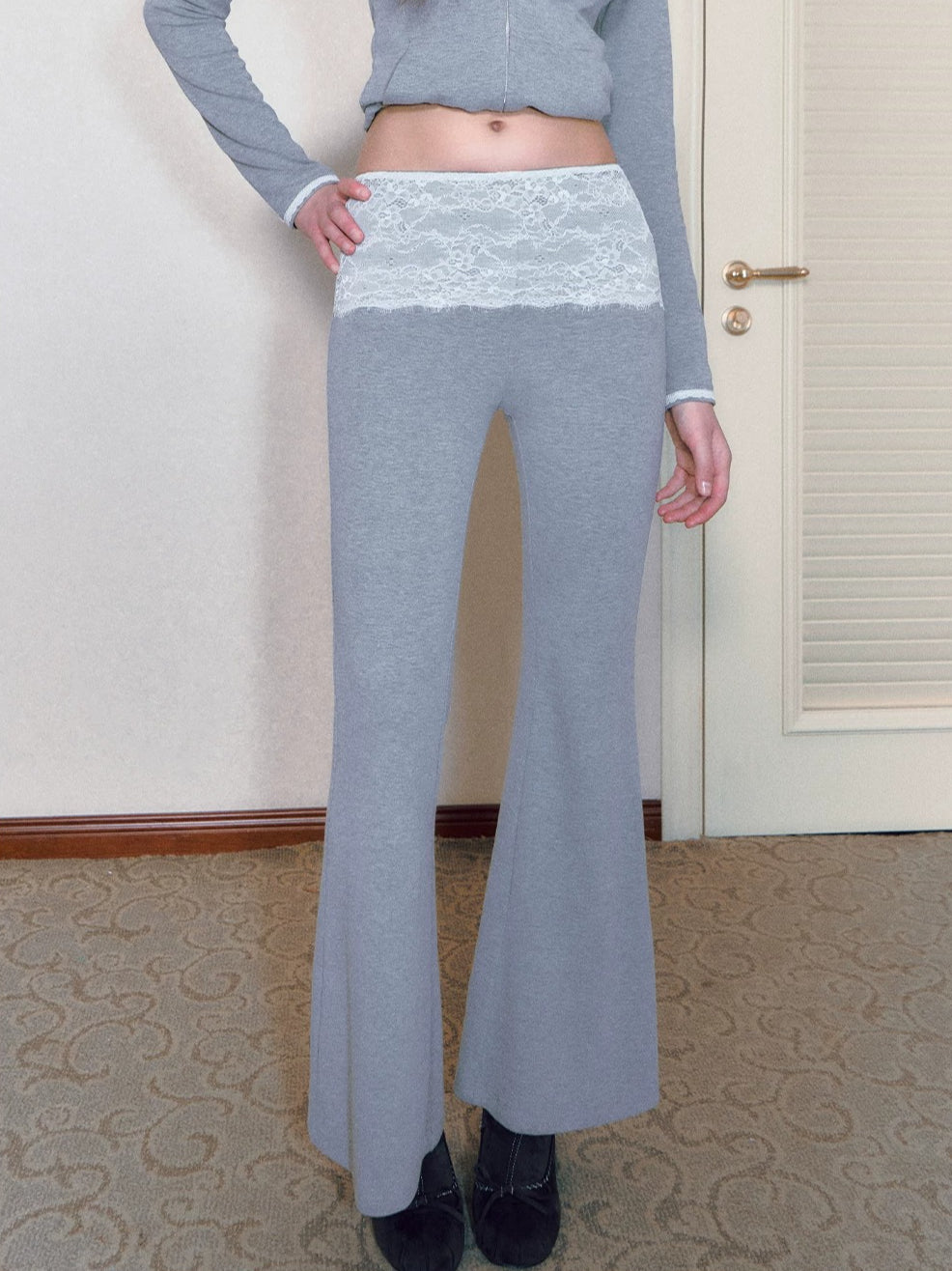 Gray Lace Panel Flared Pants