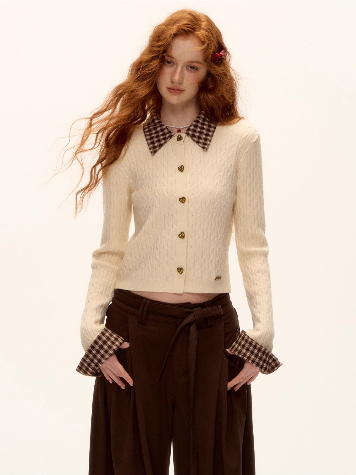 Plaid-Collar Cable Knit Top