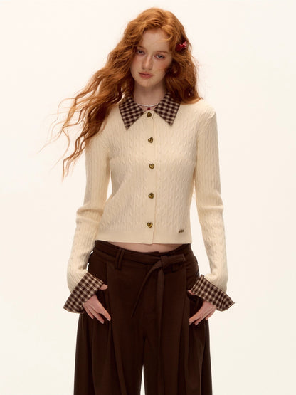 Plaid-Collar Cable Knit Top