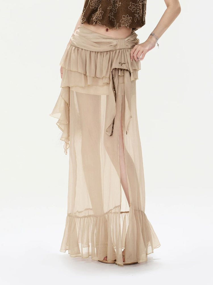 Bow-Waist Ruffle Maxi Skirt