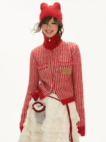 Striped Hooded Zip Knit Cardigan