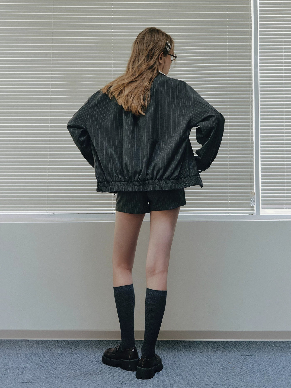 Spliced Jacket &amp; Striped Suit Shorts Set