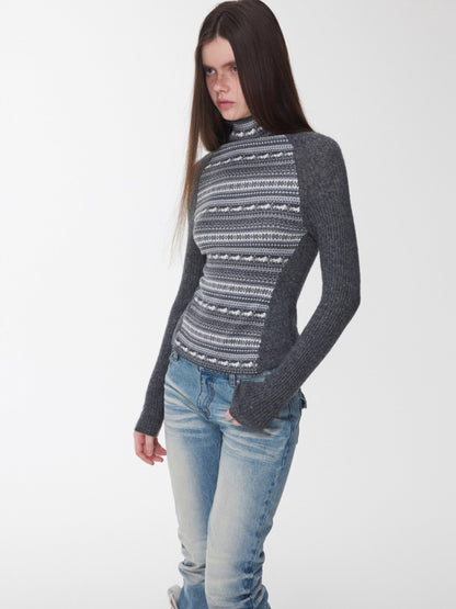 Fair Isle Turtleneck Raglan Sleeve Colorblock Knit Base Layer