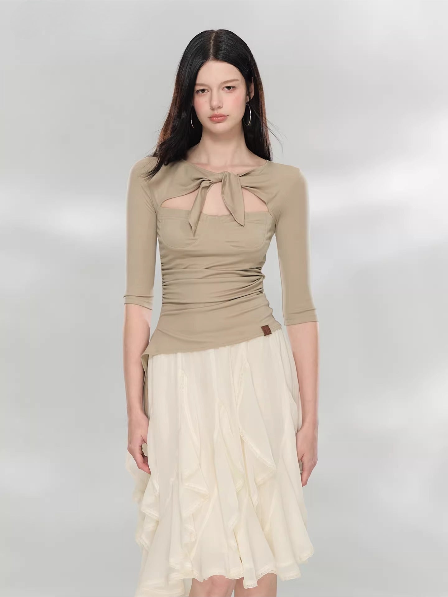 Black &amp; Khaki Tie Cutout Top