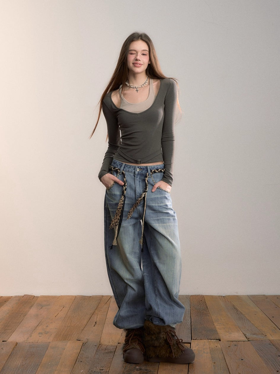 Contrast Belt Knit Top