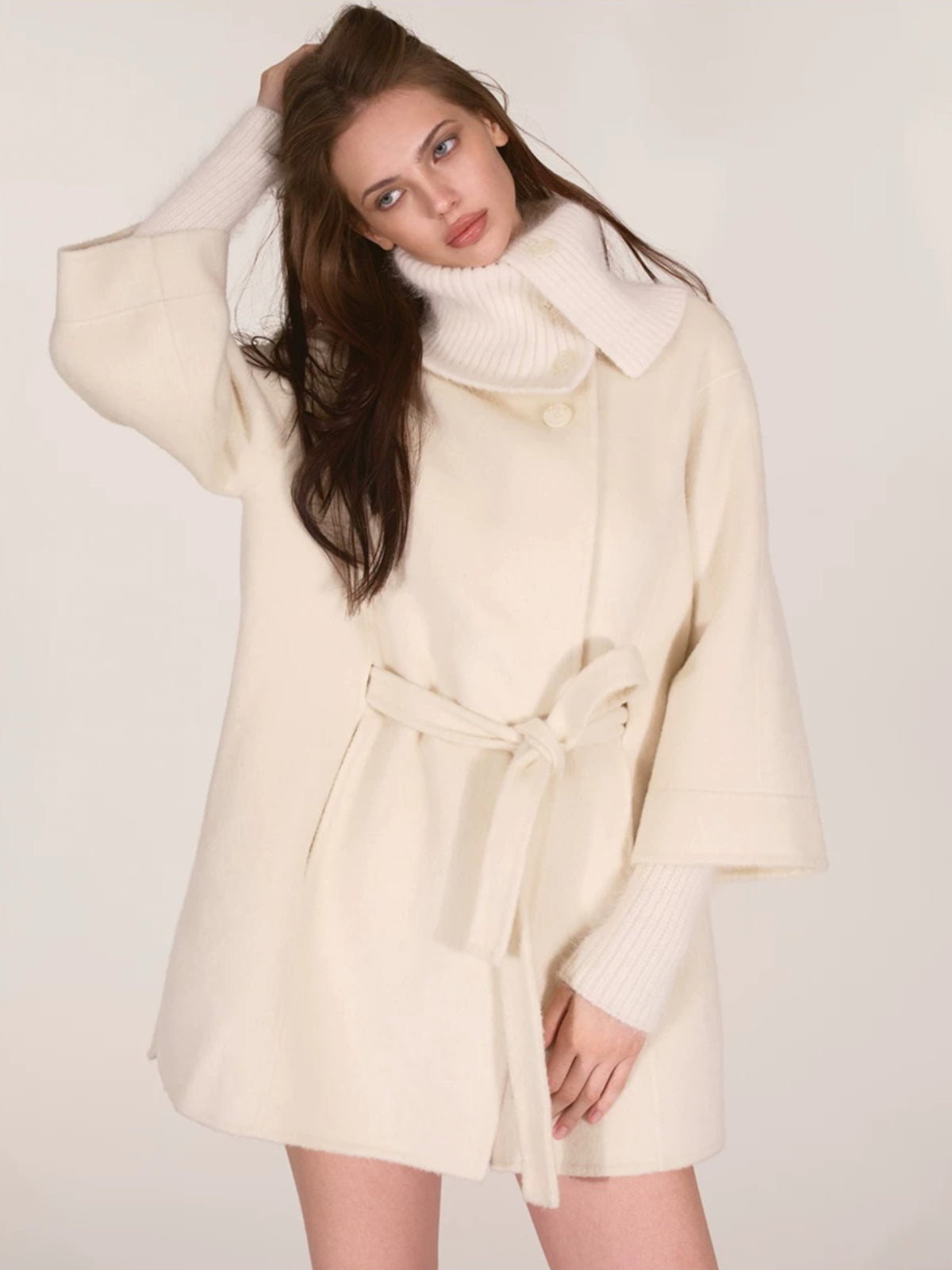 Asymmetric Collar Belted Wool Coat