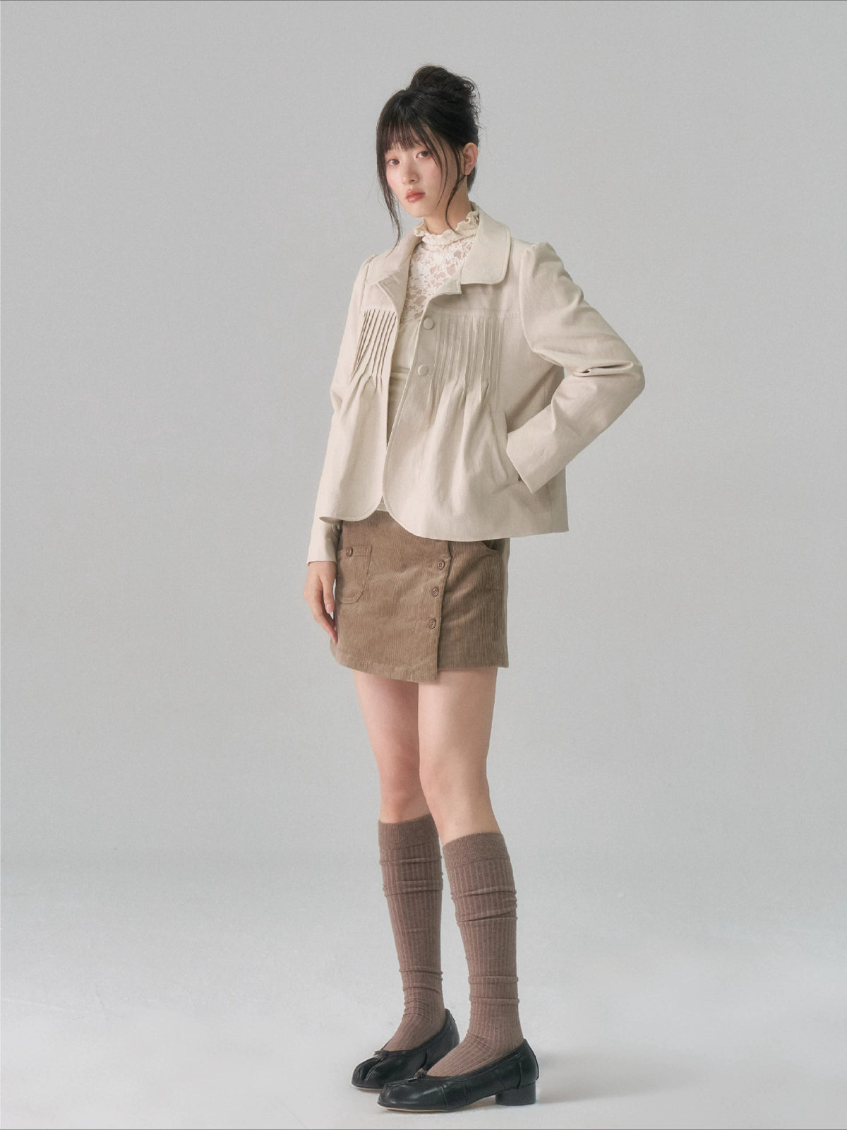 Pleated Curved-Hem Leather Jacket