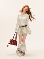 Crochet V-Neck Puff Sleeve Knit